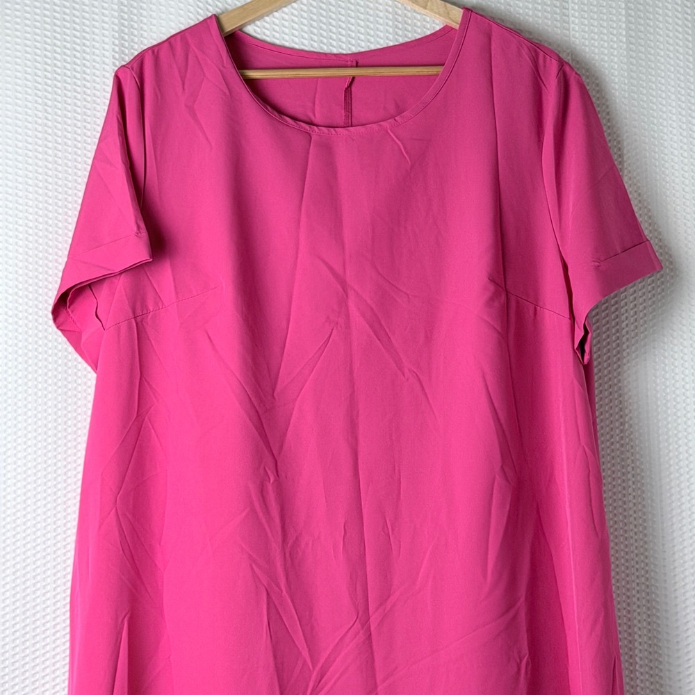 SHEIN Curve Dress Women 1XL Hot Pink Ruffle Flounce Hem Short Sleeve Midi Boho